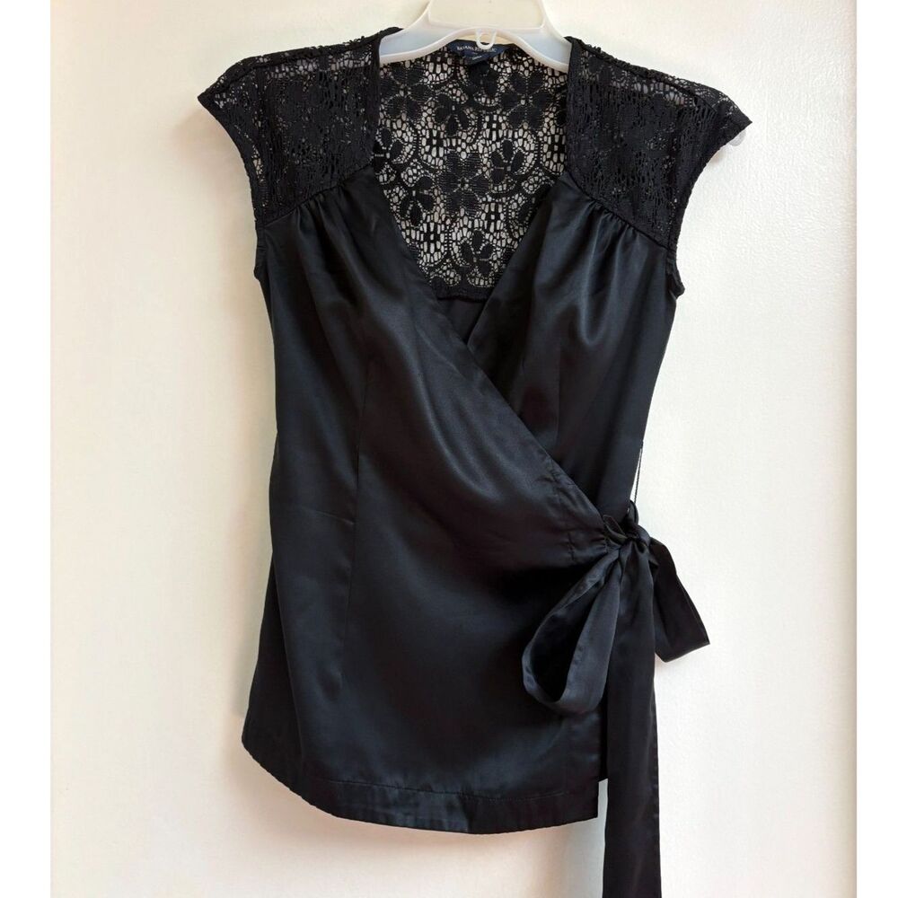 Banana Republic Black Satin Wrap Blouse Lace Back Vintage 2010 Holiday Top XS - Picture 2 of 9